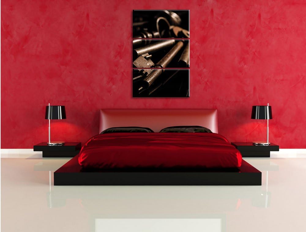 Pixxprint Alter Schlüsselbund / 3-Teilig/Gesamtmass 120cm Leinwandbild bespannt auf Holzrahmen/Wandb
