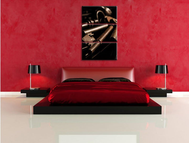 Pixxprint Alter Schlüsselbund / 3-Teilig/Gesamtmass 120cm Leinwandbild bespannt auf Holzrahmen/Wandb