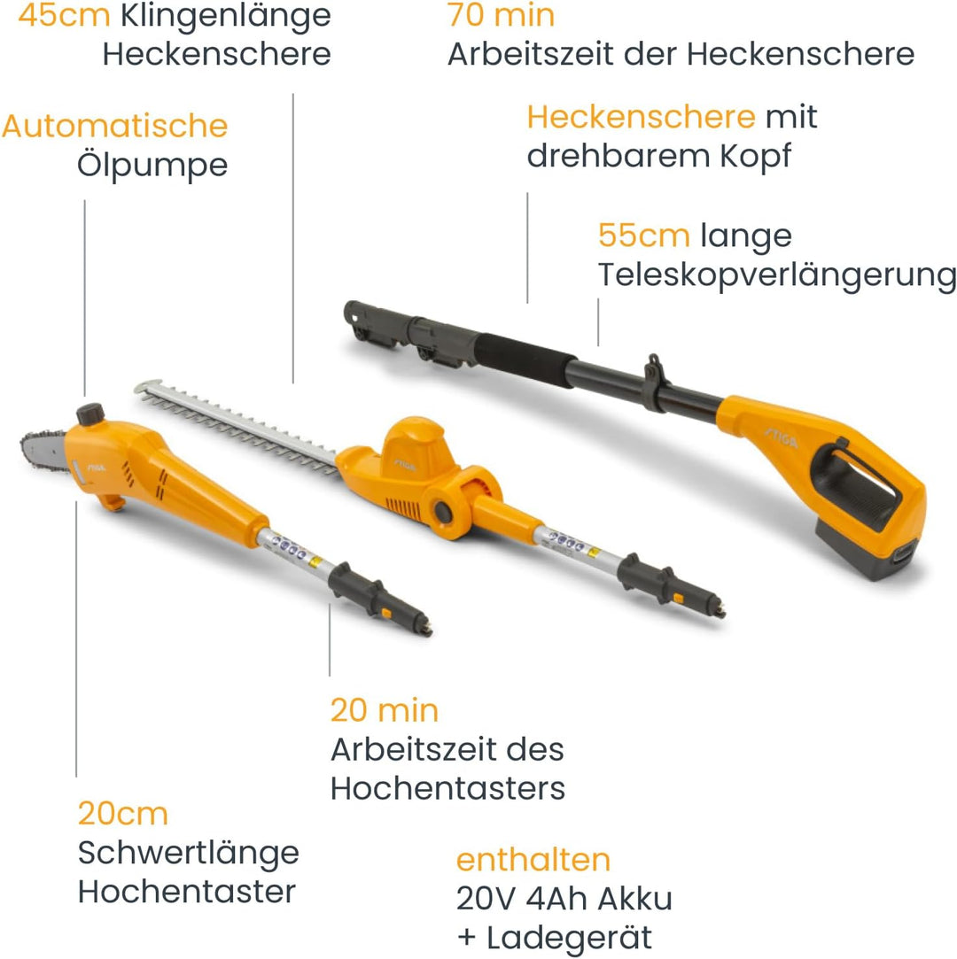 STIGA SMT 100e Kit Akku-Multifunktionswerkzeug, bis zu 70 Minuten Laufzeit, 20V-Akku (4Ah), Yellow/G