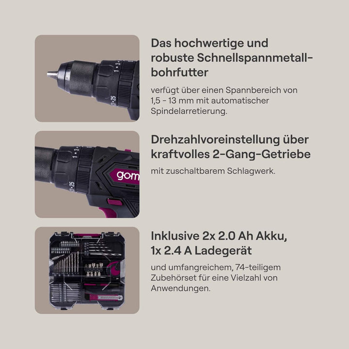 Gomag Akku Schlagbohrschrauber 20V mit 74-tlg Zubehör Koffer CSK74 | 2-Gang Getriebe Akkuschrauber |