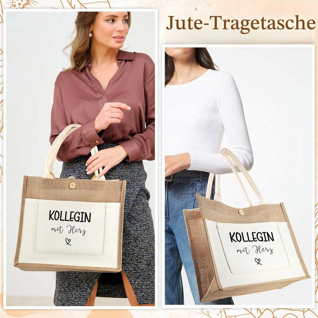 Jutetasche Kollege Geschenk Jute Shopper Bag, Jute Einkaufstasche mit Kollegin Herz, Jutebeutel als