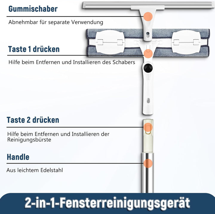 Fensterwischer Teleskop 388 cm, 2-in-1 mit 39 cm Reinigungskopf | Vielseitiger Fensterabzieher mit d