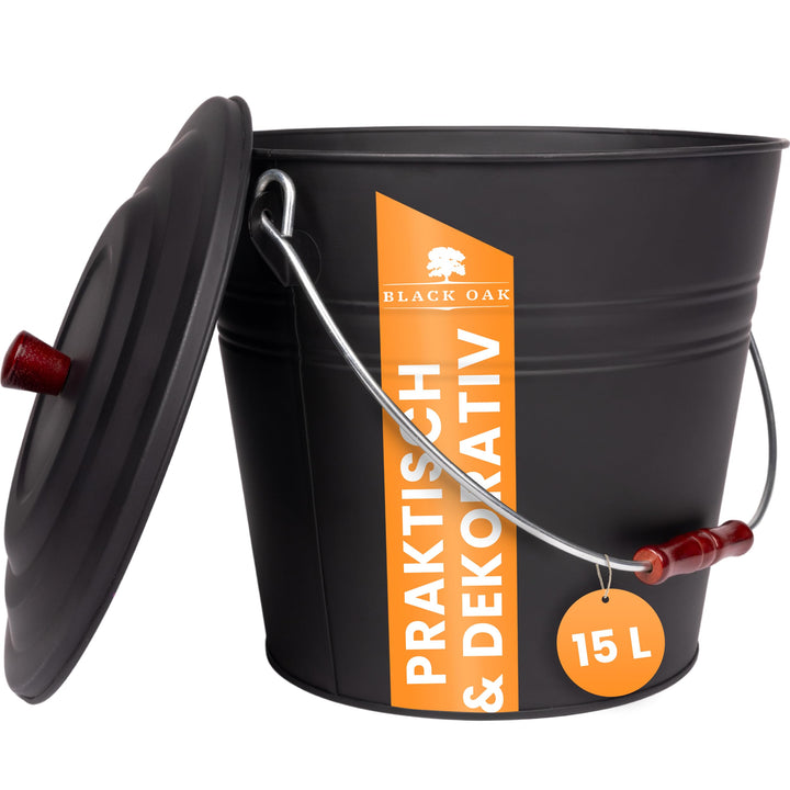 BLACK OAK Ascheeimer KATLA 15L – schwarz Deckel mit Holzknopf - gross 15 Liter - Stahl feuerfest ver