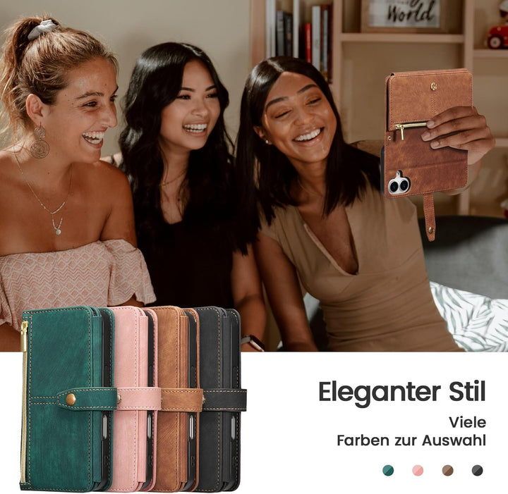 ZCDAYE Hülle für iPhone 16 mit Band Handykette, Leder iPhone 16 Handyhülle Handytasche mit Kartenfäc