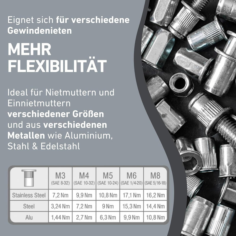 Profi Nietmutternaufsatz für Bohrmaschine oder Akkuschrauber für Nietmuttern M3-M8 aus Alu, Stahl un