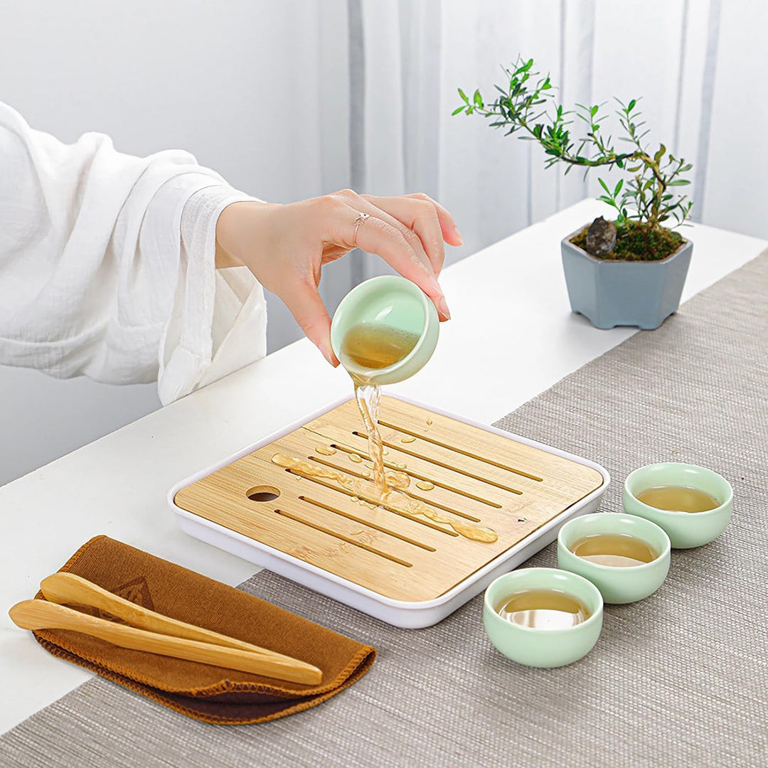 Teekanne Sets, Chinesisches Kungfu Teeservice, Keramik Teekanne mit 4 Tassen und Teedose & Tablett,