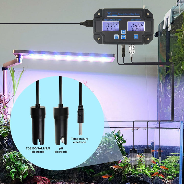 EC pH-Monitor für Hydroponik, 6-in-1 Wasserqualität Tester mit Wi-Fi, pH-Meter-Tester, Kontinuierlic