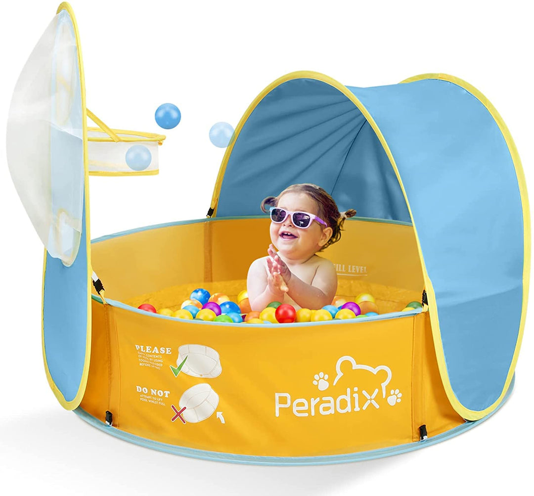 Peradix 4 in 1 Baby Planschbecken mit Dach,Baby Zelt Pop Up Bällebad mit Basketballkorb(Kein Ball),T