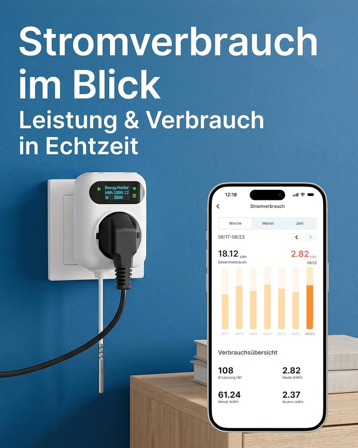 WLAN-Steckdosenthermostat mit Energiemessung, Heiz- und Kühlmodus,