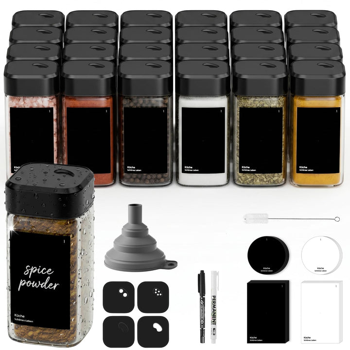 24 Gewürzgläser Eckig mit Drehdeckel,Gewürzstreuer Glas 120 ml - Gewürzdosen Set Starke Versiegelung