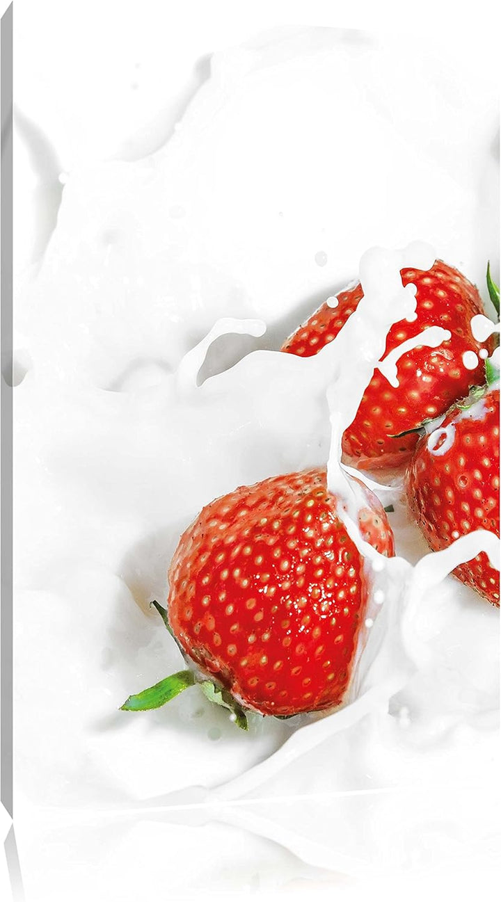 Pixxprint Erdbeeren Erdbeermilch als Leinwandbild/Grösse: 100x70 / Wandbild/Kunstdruck/fertig bespan