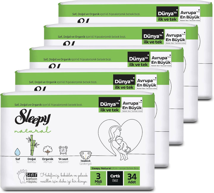 Sleepy Natural Baby Windeln Grösse 3 (4-9 Kg) - MONATSBOX, Für Empfindliche Babys, 170 Stück (5 Pack