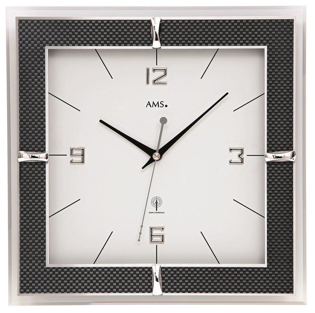 AMS Wanduhr Funk Funkwanduhr analog eckig mit Glas und Carbon-Applikationen