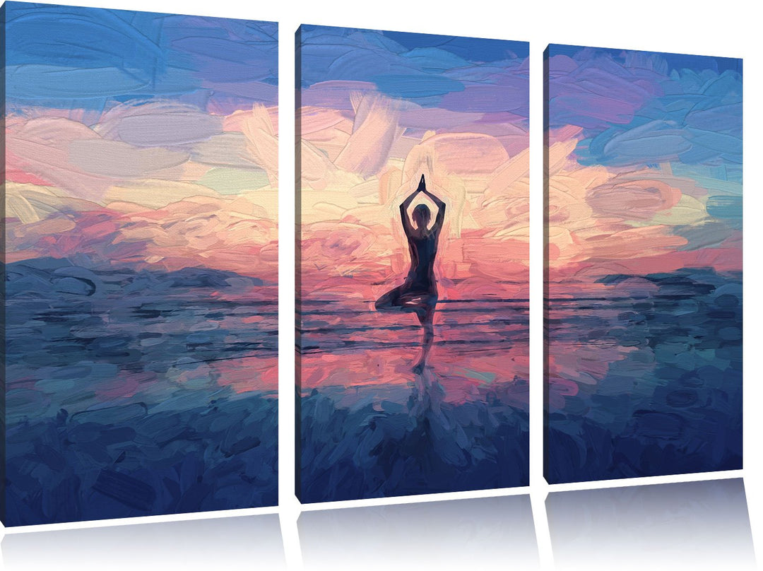 Pixxprint Yoga am Strand Kunst als Leinwandbild/Grösse: 3 Teilig (120x80) / Wandbild/Kunstdruck/fert