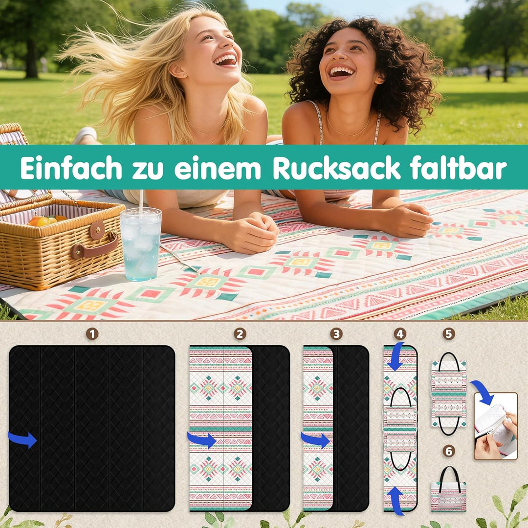 Ulikey Picknickdecke, 200 x 200 cm Stranddecke Sandfrei, Boho Picknickdecke Wasserdicht Isoliert, Tr