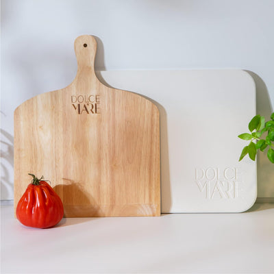 DOLCE MARE Pizzastein beige Inkl. Holz-Pizzaschieber - Pizza Stein aus hochwertigem Cordierit für Ba