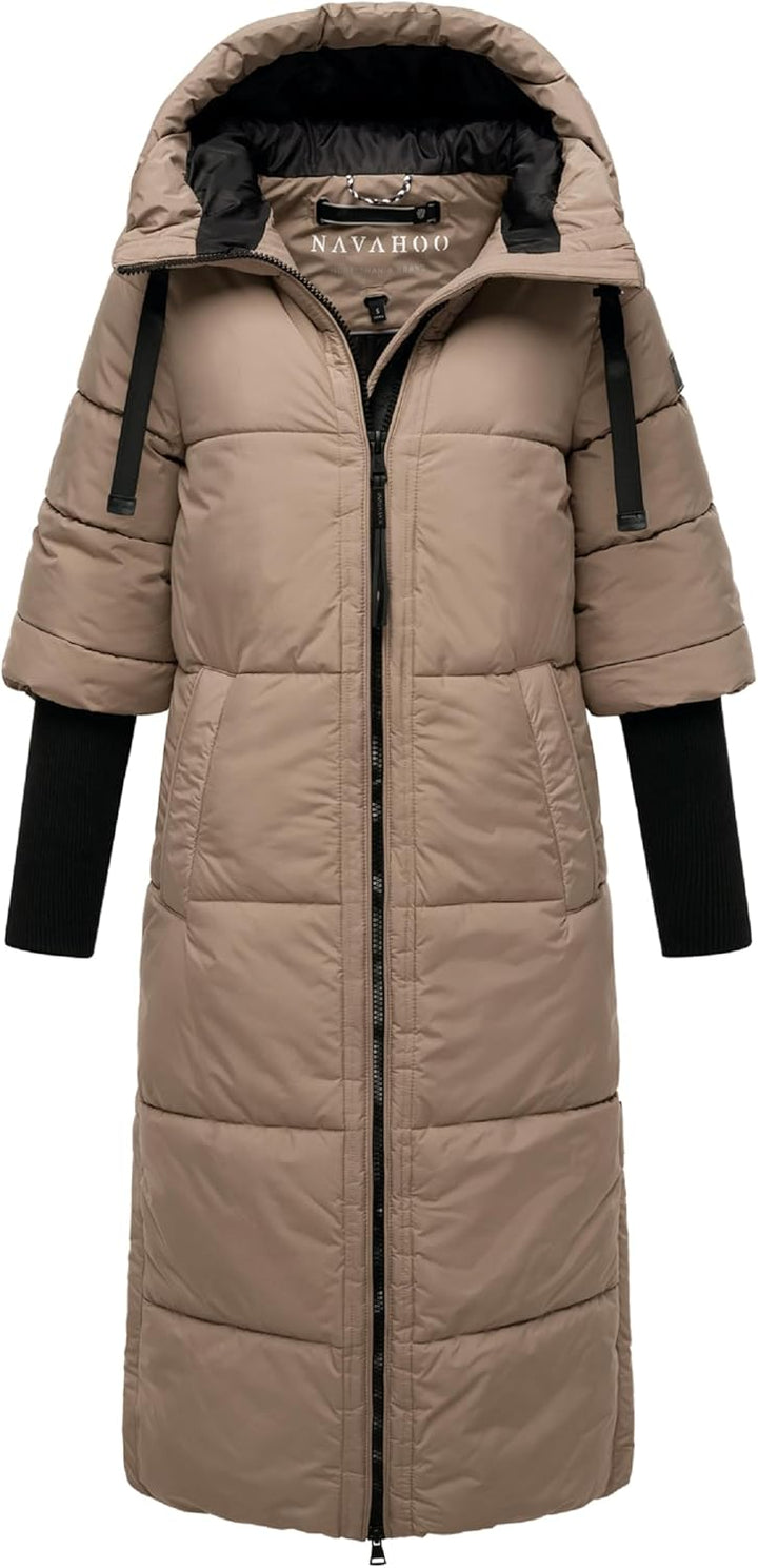 Navahoo Damen Langer Wintermantel Warmer Steppmantel mit Kapuze und Rippstrickärmeln Ciao MIAU XIV X