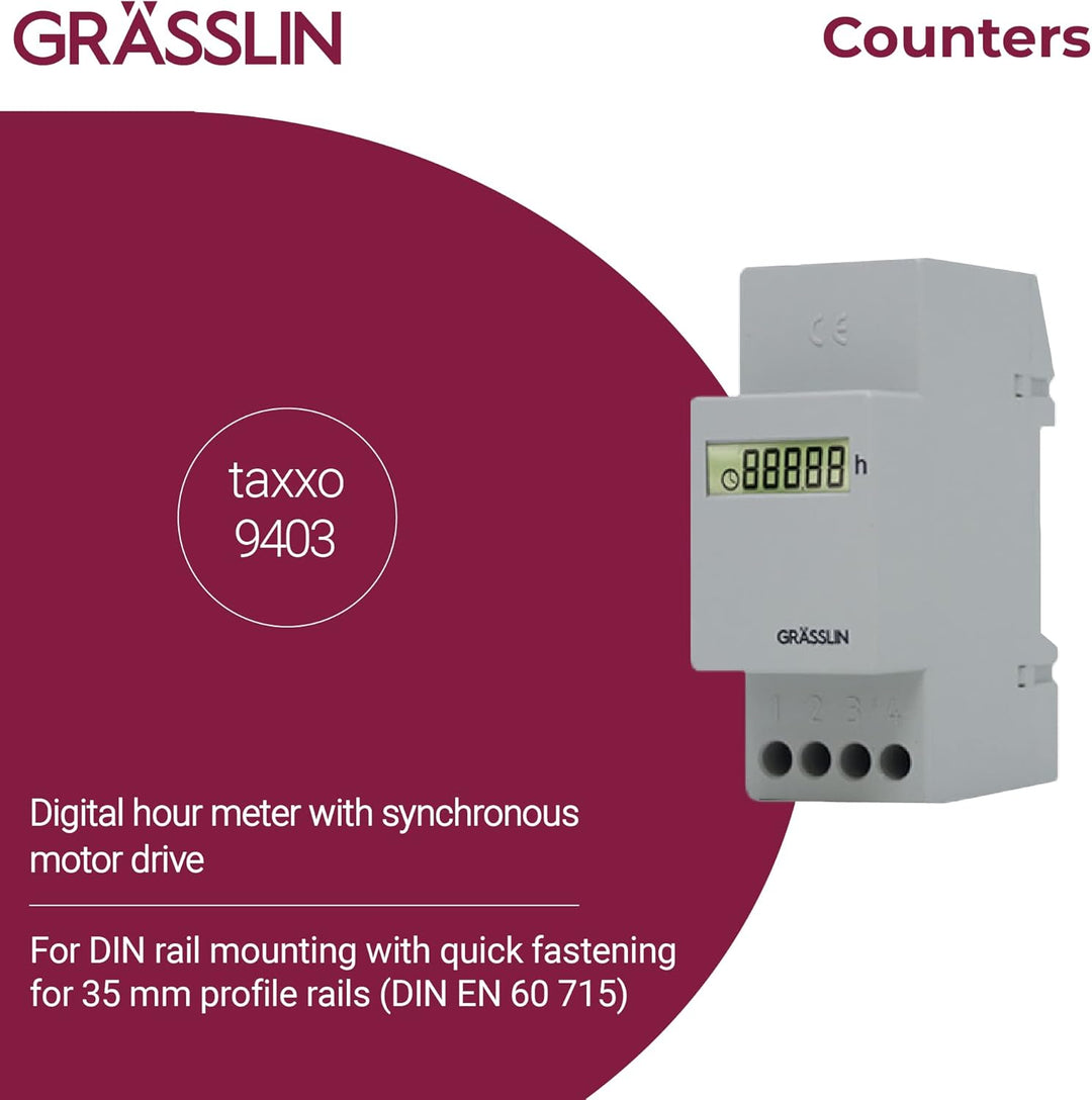 GRÄSSLIN 05.25.0007.1 taxxo 9403 HS - digitaler Betriebsstundenzähler I 2TE I Stundenzähler I Synchr