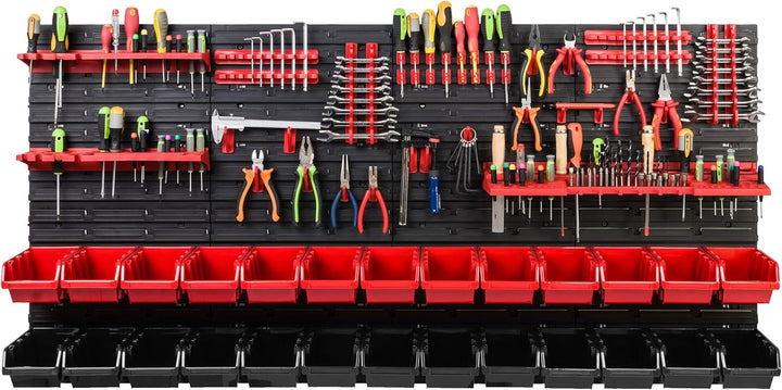 Lagersystem Werkstattregal | 156 x 78 cm | 26 stck. Box | Wandregal mit Werkzeughalterungen und Stap