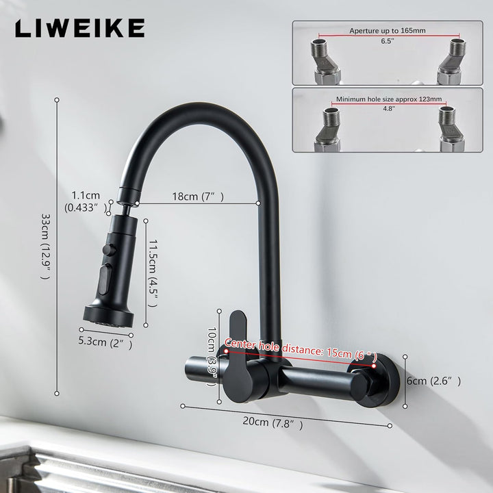 LIWEIKE Wasserhahn Küche Wandmontage Schwarz, 360° Drehbarer Auslauf Wasserhahn Küche Wandmontage mi
