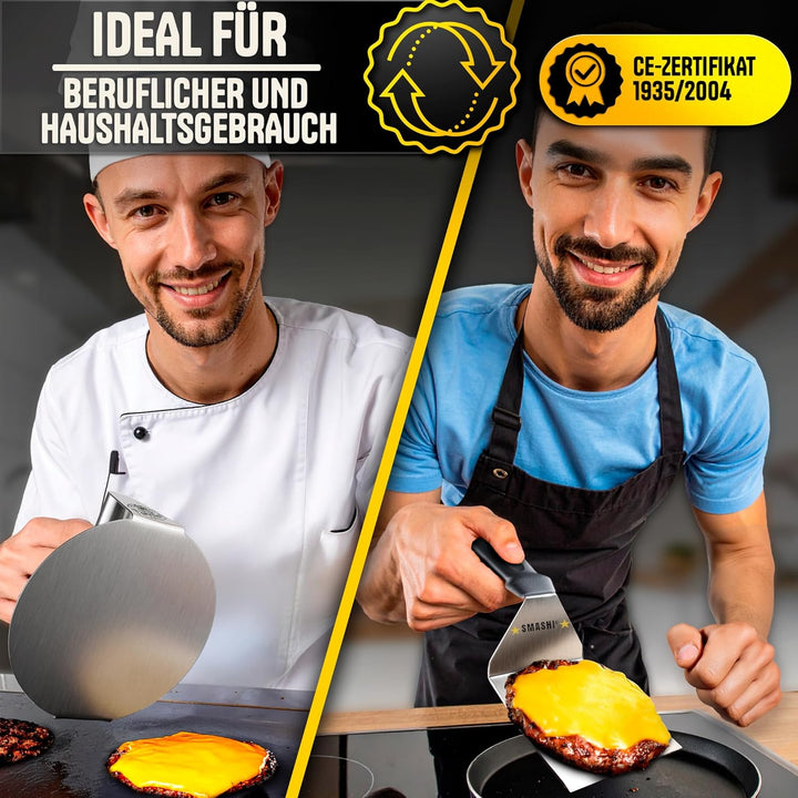SMASHI® Smash Burger Set aus Edelstahl 304 – Professionelles Set mit Antihaft-Presse, Grillspachtel