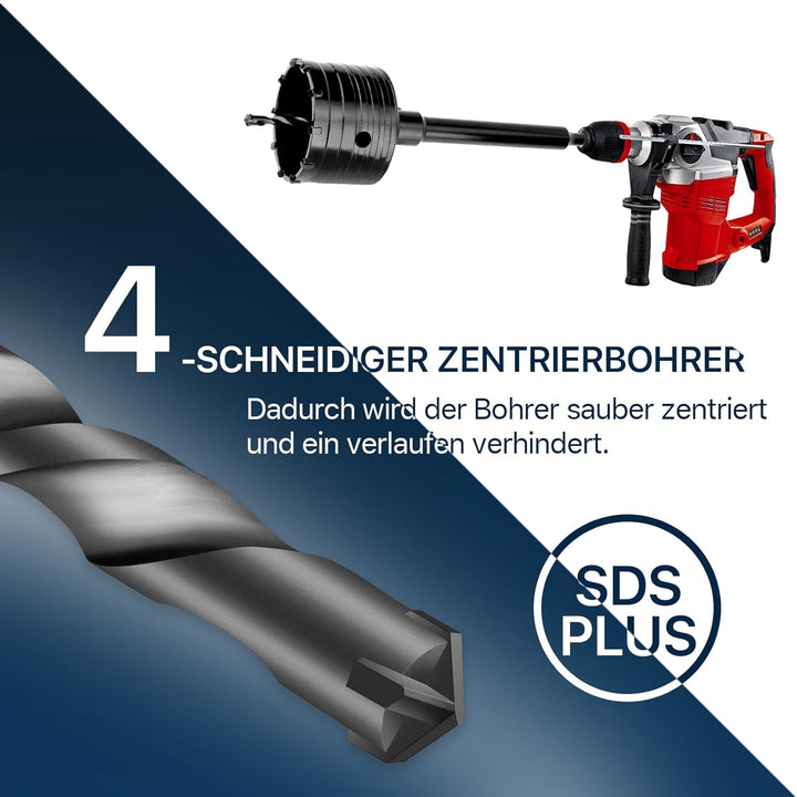30MM Bohrkrone (XXL-Zähne) schwarz set mit 110mm SDS plus verlängerung und 4-Schneidigen Zentrierboh