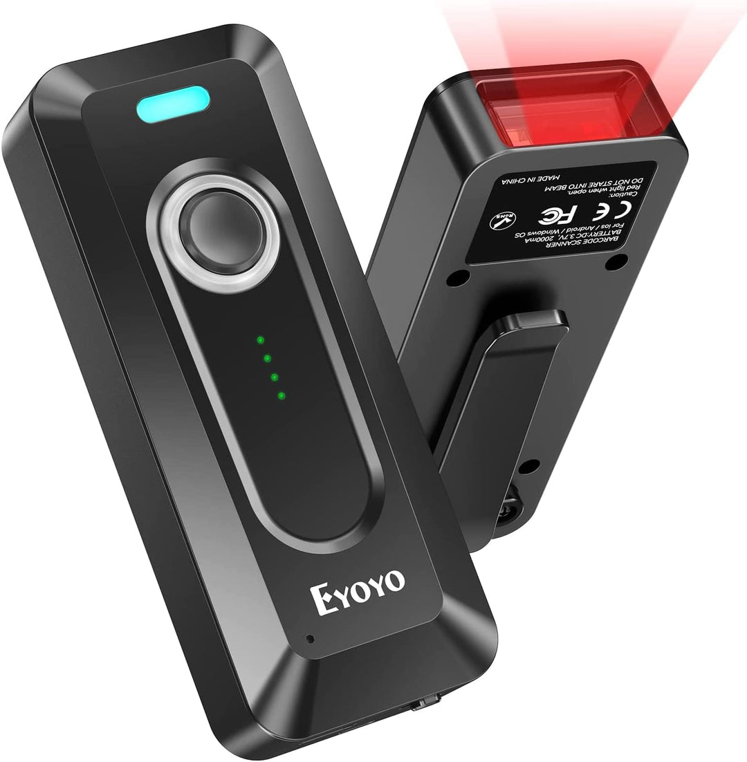 Eyoyo 2D Bluetooth Barcode Scanner mit Klipp, 2000mAh Akku mit Füllstandsanzeige, tragbarer Mini Wir