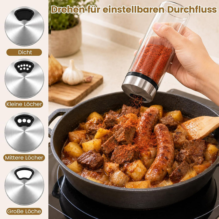 Mssushi 4er Set Salzstreuer Klein mit Drehdeckel 300ml | 10oz, Gewürzgläser Rund Glas Leer, 4 Lochgr