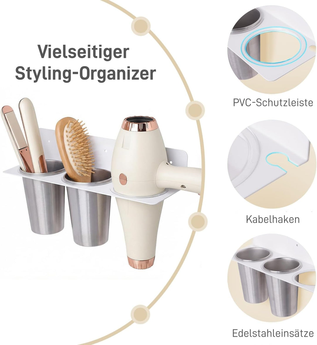 Föhn Halterung, 3 in 1 Fönhalter Ohne Bohren, Edelstahl Fönhalter Glätteisen Halterung für Föhn, Glä