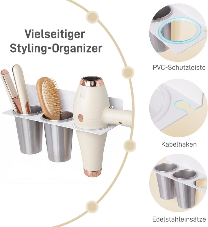 Föhn Halterung, 3 in 1 Fönhalter Ohne Bohren, Edelstahl Fönhalter Glätteisen Halterung für Föhn, Glä