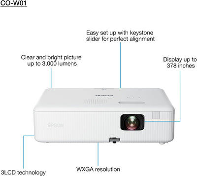 Epson CO-W01 | WXGA-Projektor, 3000 Lumen, Lange Lebensdauer von 12000 Stunden und 3LCD-Technologie,