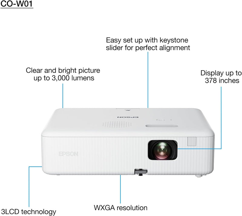 Epson CO-W01 | WXGA-Projektor, 3000 Lumen, Lange Lebensdauer von 12000 Stunden und 3LCD-Technologie,