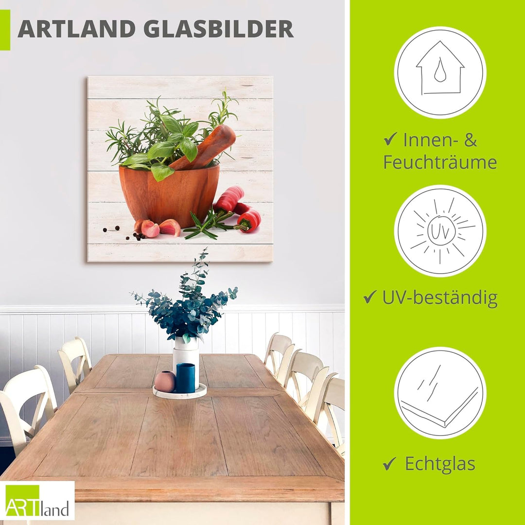 ARTland Glasbilder Wandbild Glas Bild einteilig 50x50 cm Quadratisch Stillleben Kräuter Gewürze Chil