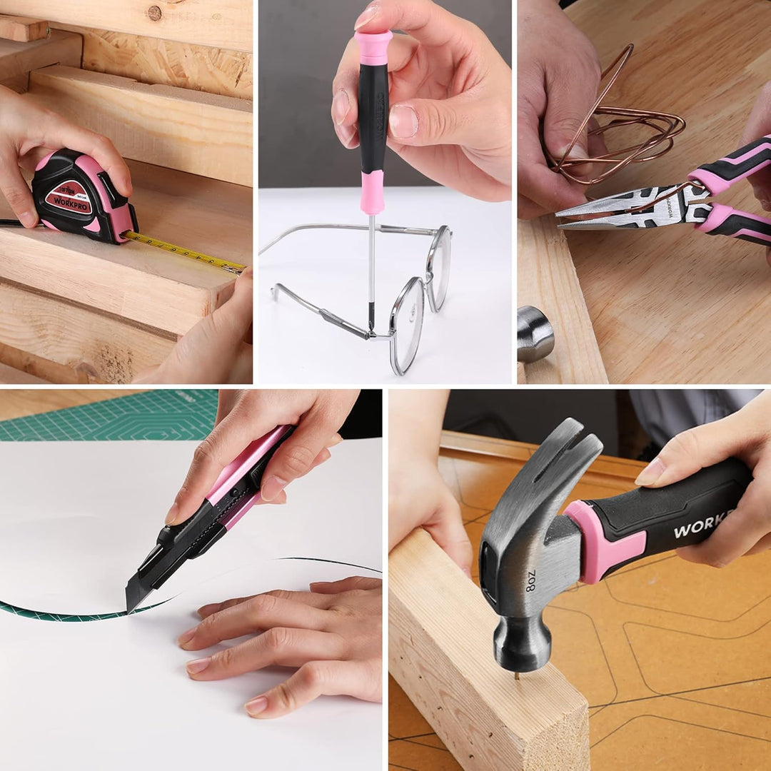 WORKPRO Werkzeugset Rosa pink 18 tlg. mit USB C Akkuschrauber klein, pinker Werkzeugkoffer gefüllt H