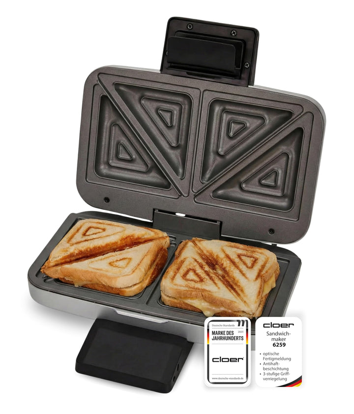 Cloer 6259 Sandwichmaker, 900 W für 2 diagonal geteilte Toasts, American Toasts, XXL Füllungen Silbe