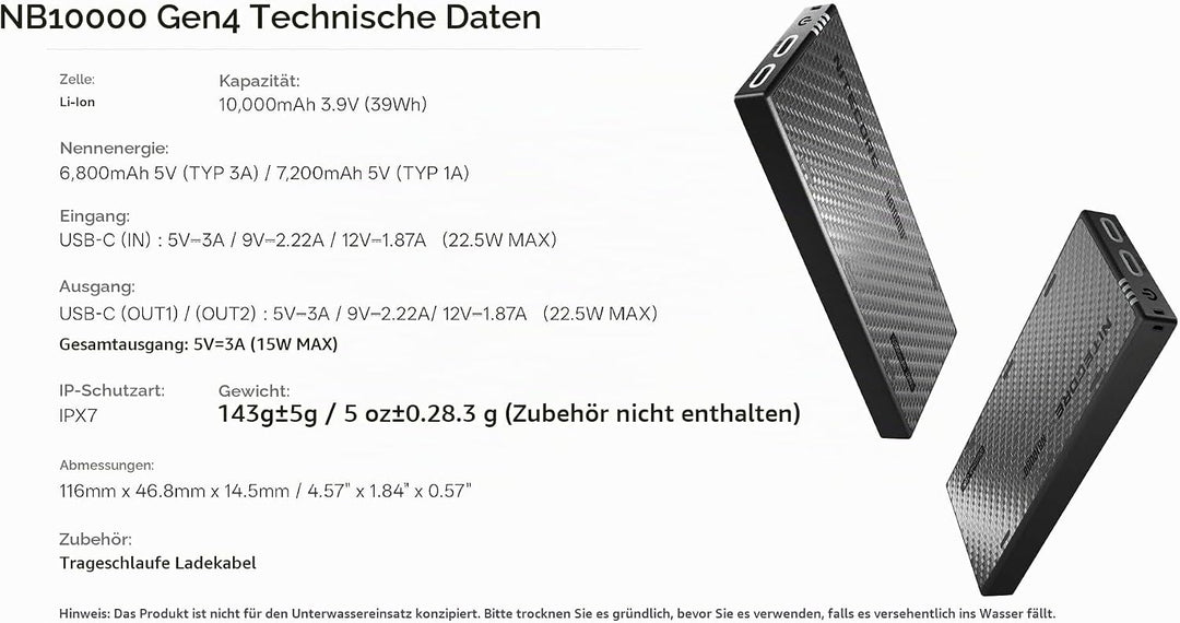 Nitecore NB10000 Gen4 (Gen 4) 10000mAh Ultraleichte wasserdichte Powerbank