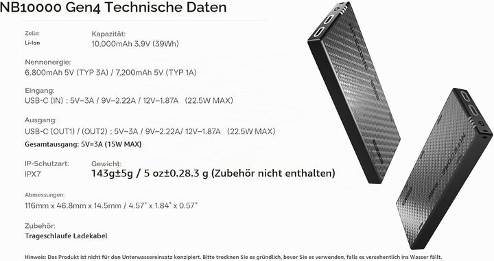 Nitecore NB10000 Gen4 (Gen 4) 10000mAh Ultraleichte wasserdichte Powerbank