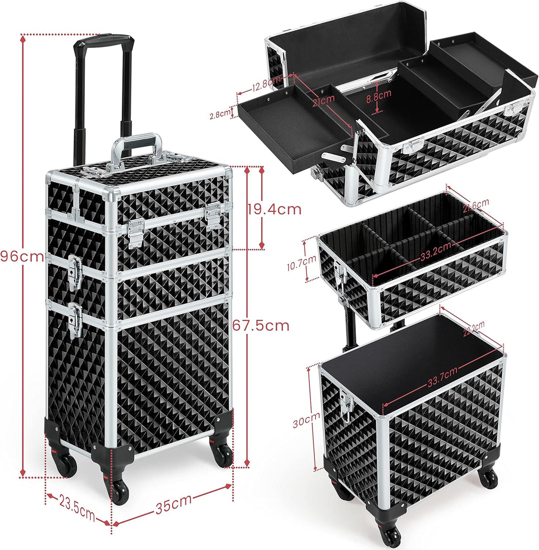 Yaheetech 3-in-1 Kosmetikkoffer, Abschliessbarer Schminkkoffer, Make-up Koffer für Reisen, Grosser T