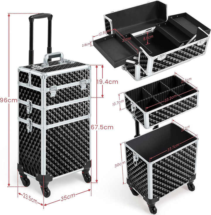 Yaheetech 3-in-1 Kosmetikkoffer, Abschliessbarer Schminkkoffer, Make-up Koffer für Reisen, Grosser T