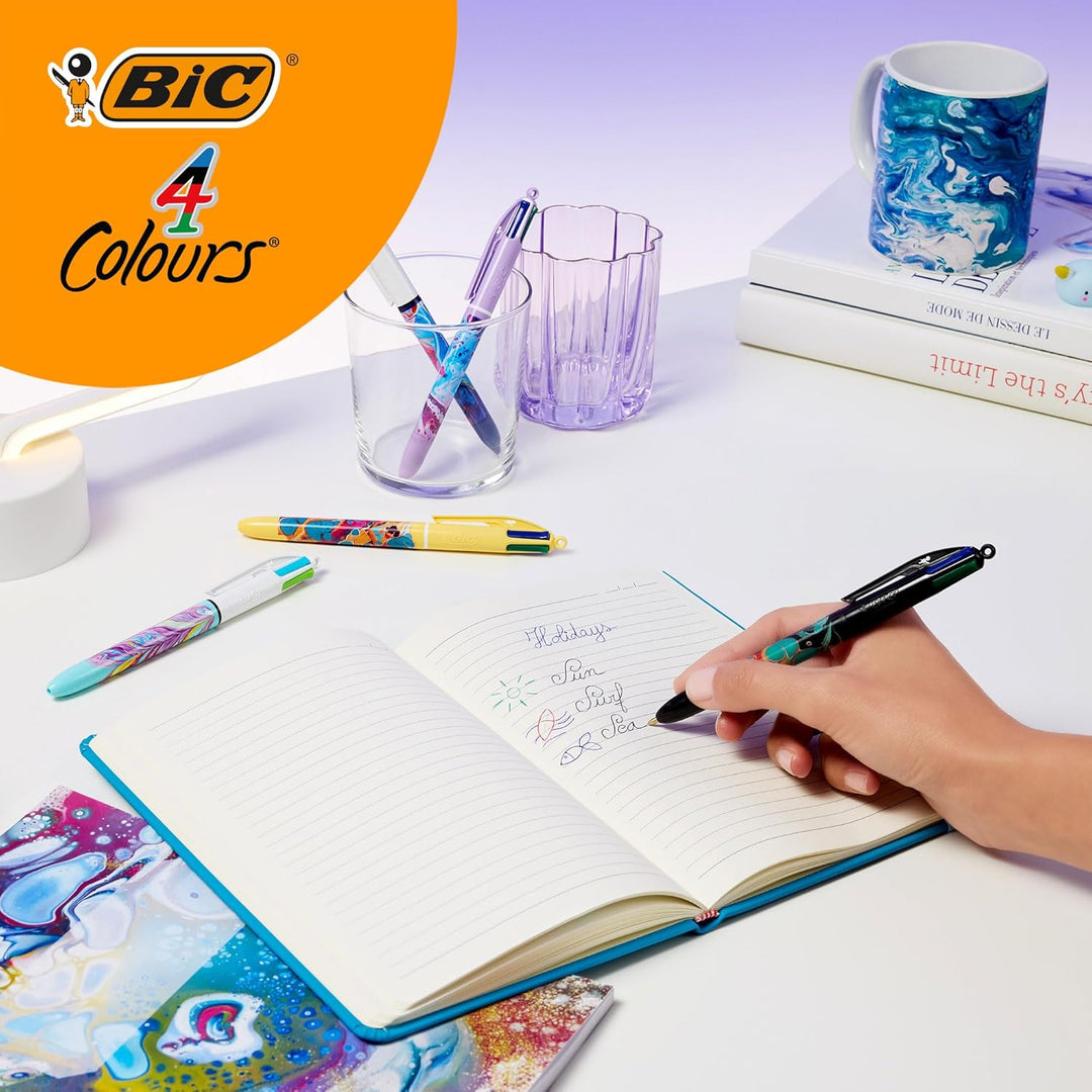 BIC 4 Farben Kugelschreiber Set 4 Colours Dekor Botanik, verschiedene Designs, 5er Pack, nachfüllbar