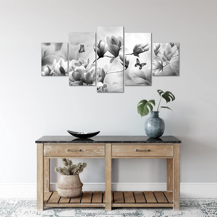 Runa Art Wandbilder Blumen Magnolien 5 Teilig Bild auf Vlies Leinwand Deko Wohnzimmer Schmetterling