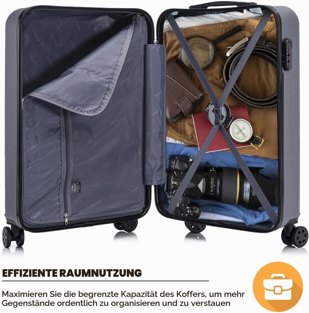 Koffer Suitcase S Grau, Trolley Reisekoffer, Kabinenkoffer Rollkoffer Handgepäck mit 4 Rollen 360°,