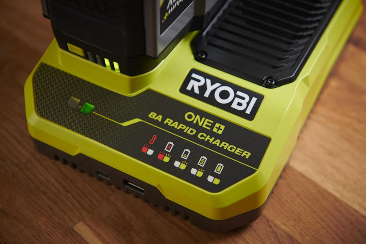 RYOBI 18 V ONE+ Akku-Schnellladegerät RC18180, 8,0 A Ladestrom lädt einen 4,0 Ah Akku in weniger als