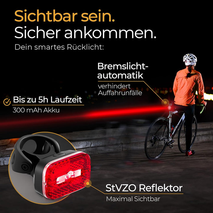 Fahrradlicht 100 Lux - 2000 mAh Akku - mit Reflektor und Bremslicht - StVZO zugelassen, USB-C auflad