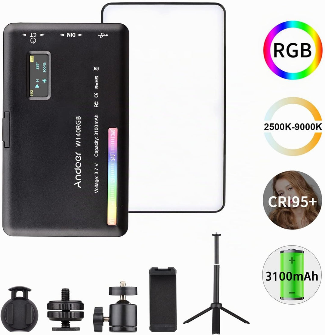 Andoer W140 RGB LED Videoleuchte Beleuchtungsset, Kamera Licht CRI95+ 2500K-9000K Dimmbar mit Deskto