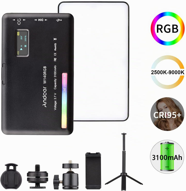 Andoer W140 RGB LED Videoleuchte Beleuchtungsset, Kamera Licht CRI95+ 2500K-9000K Dimmbar mit Deskto