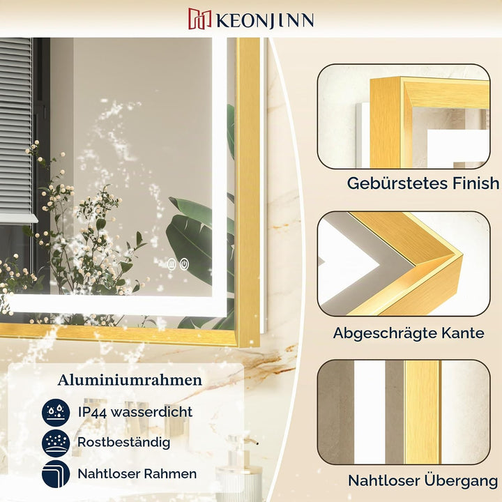 Keonjinn Badspiegel mit Beleuchtung Gold Metallrahmen 50x70cm, Badezimmerspiegel Beleuchtet Beschlag