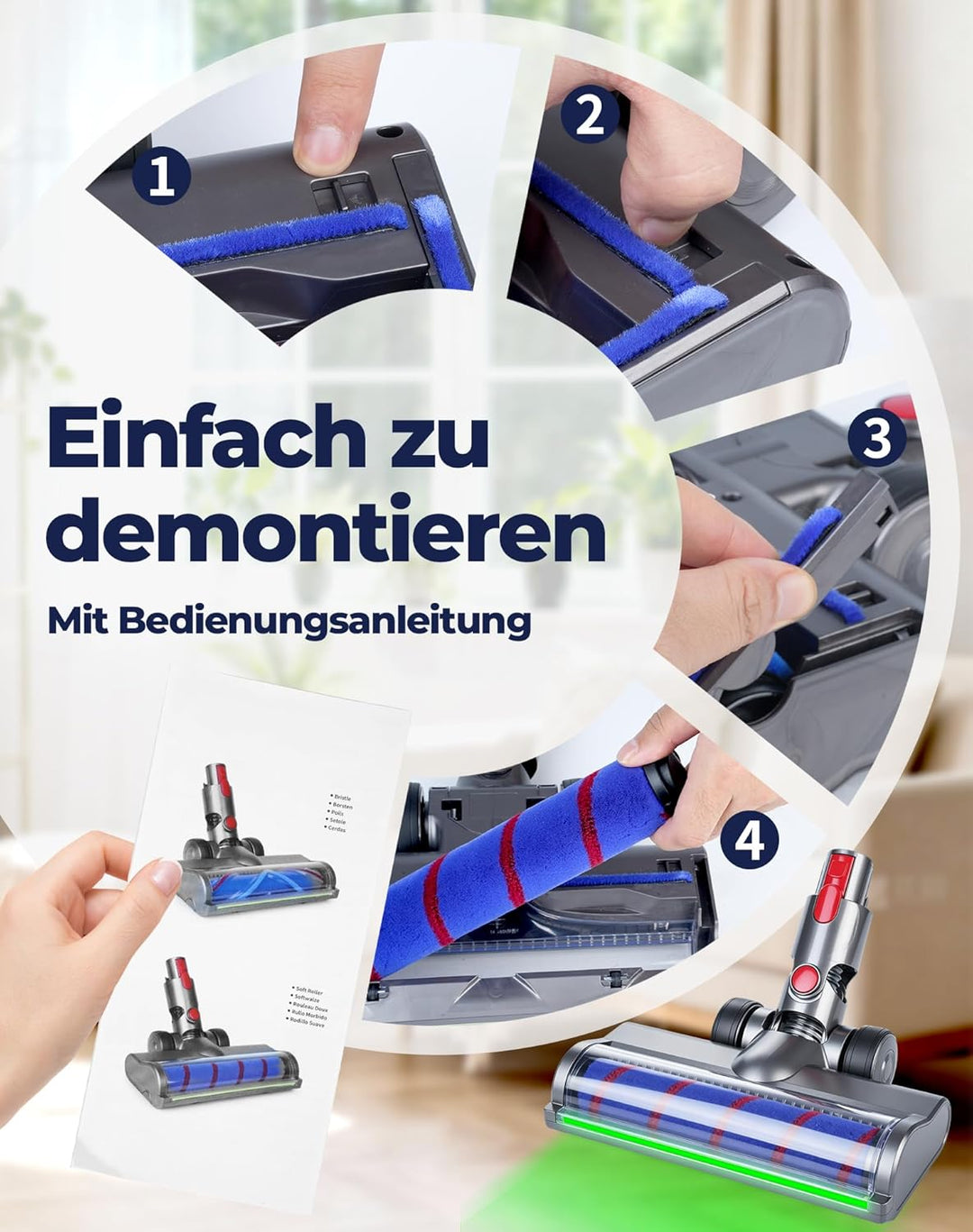 Bürste mit Softwalze für Dyson V7 V8 V10 V11 V15 Staubsauger LED Bodenbürste mit Stauberkennung Soft