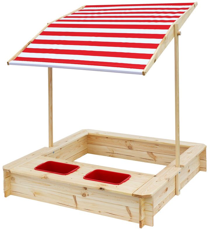 beluga Spielwaren 50380 -Sandkasten mit Wasser-Matsch-Bereich und Rot/weissem Dach, natur / rot