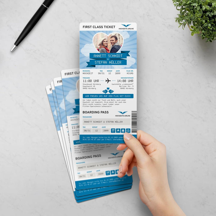 Kartenmachen.de Personalisierte Hochzeit Einladungen (10-100 Stück) - First Class Flugticket Blau -